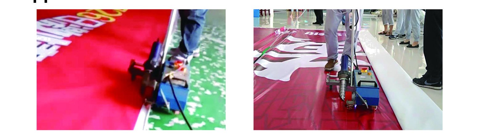 TOP3400 high-end welder in use on a printed banner