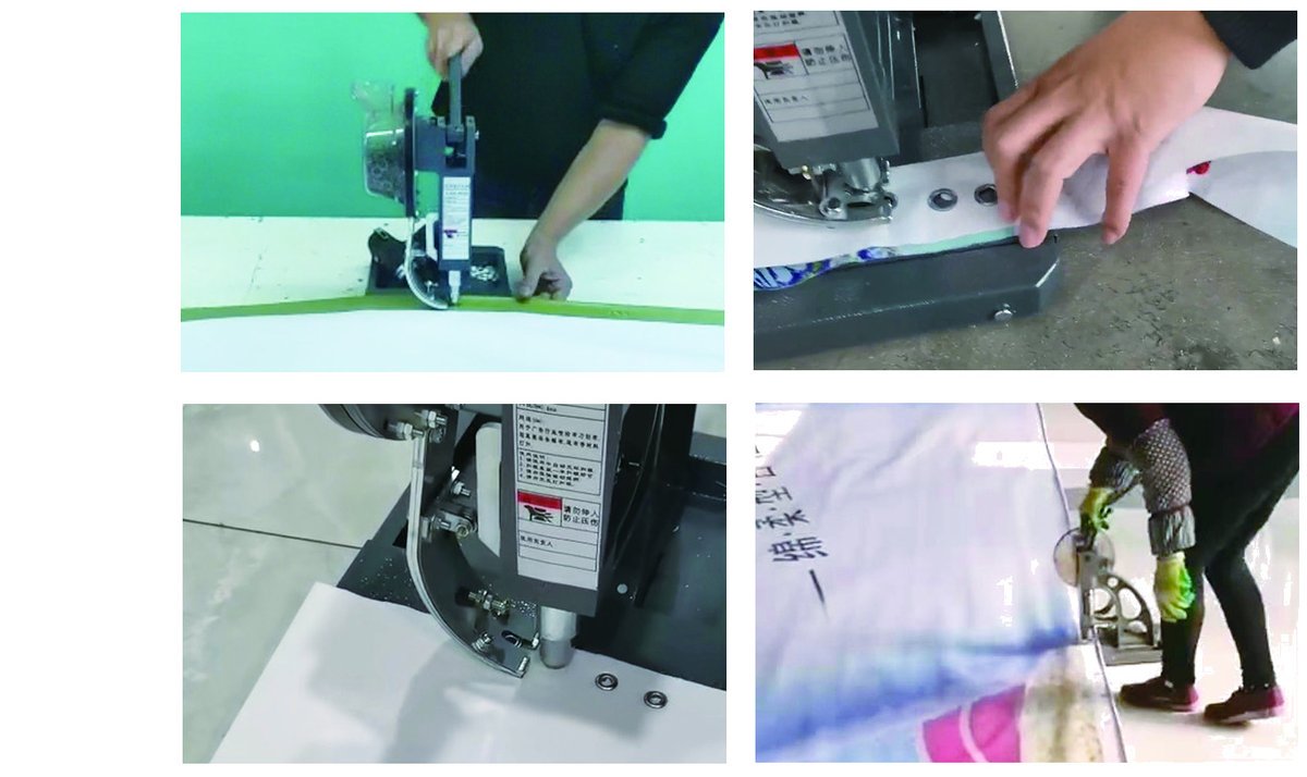 D03 semi-automatic grommet machine in use on tarpaulin